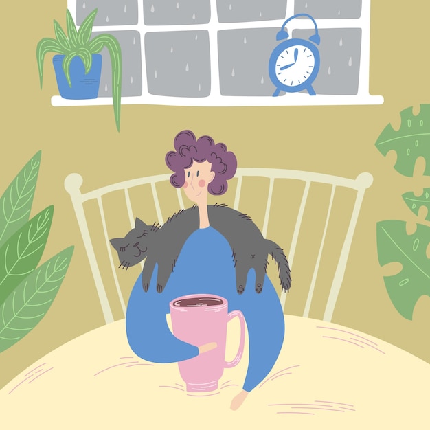 comfort, rest, cozy relaxation with cat and hot tea in bed at home concept. hand drawn vector.