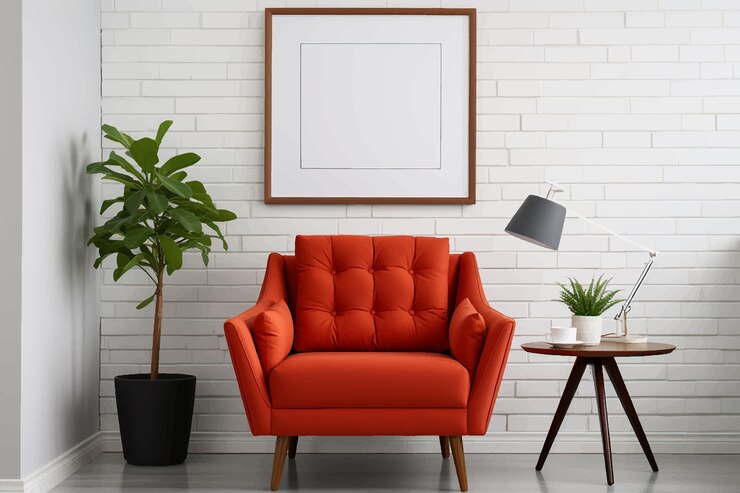 Vector comfortabele fauteuil en mooie plant in de buurt van de witte muur binnen