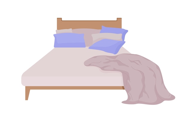Удобная кровать с подушками и клетчатым полуплоским цветным векторным объектом