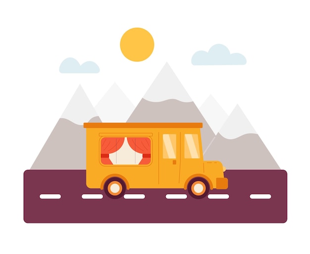 Удобная поездка на автобусе в горы полуплоский цветной векторный объект Кемпинг фургон Редактируемый значок мультяшного клипа на белом фоне Простая точечная иллюстрация для веб-графического дизайна