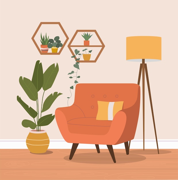 편안한 의자, 램프 및 집 식물. 평면 그림