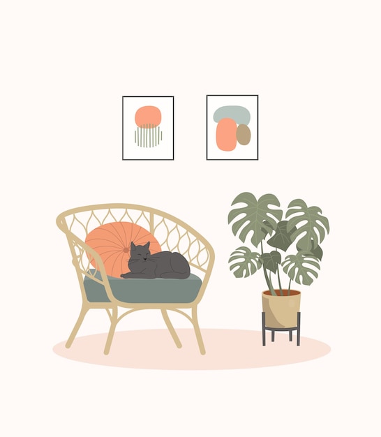 고양이, 그림, 집 식물이 있는 편안한 의자. 스칸디나비아 인테리어. 벡터 평면 만화 일러스트 레이 션