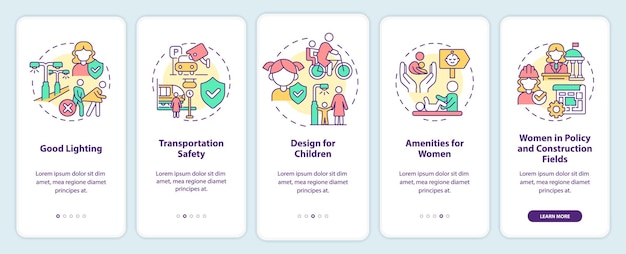 Comodo design della città per donne e bambini a bordo schermo dell'app mobile procedura dettagliata 5 passaggi pagine di istruzioni grafiche con concetti lineari modello gui ui ux myriad probold font regolari utilizzati