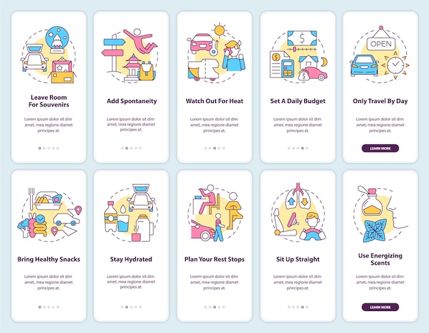 Comfortable and healthy road trip onboarding mobile app screen set