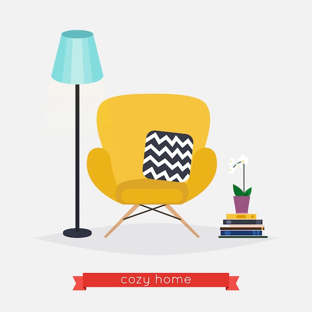 Vector comfortable home armchair and floor lamp, books and plant. living room. modern interior of room with armchair. flat design modern  illustration concept.