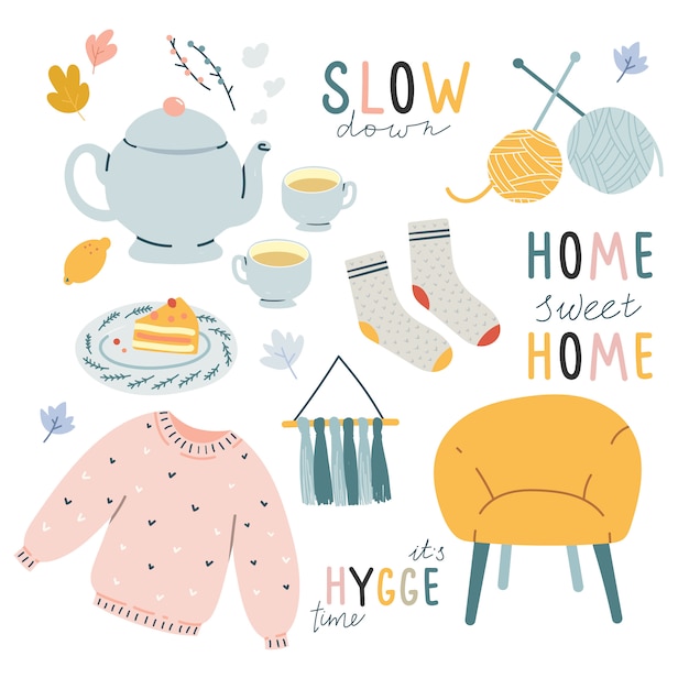 Comfortable hygge doodle illustrations with lettering