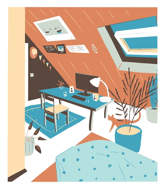 Confortevole armadio moderno, mansarda o mansarda arredata in stile hygge scandinavo alla moda e decorata con quadri alle pareti e piante in vaso. illustrazione disegnata a mano colorata piatta.