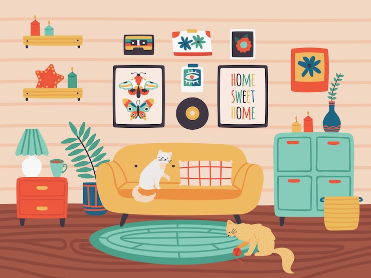 Vector 猫のペットや植物がいる快適なお部屋