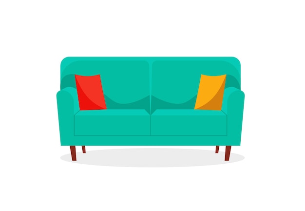 Comfortable sofa on white background Isolated couch lounge in interior Flat cartoon style vector illustration