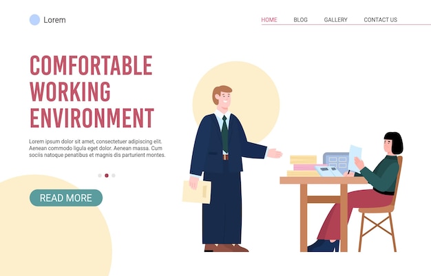 フレンドリーな同僚や同僚と快適な作業環境のWebサイトテンプレートフラットベクトルイラストオフィス企業環境のWebページのモックアップ