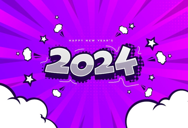 comic achtergrond ccolor gradient paars zoom effect gelukkig nieuw jaar 2024vector