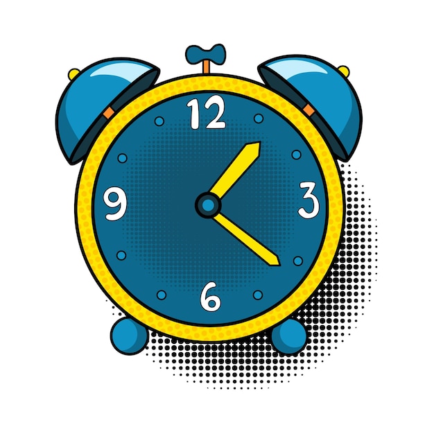 Комический будильник Поп-арт красочная и динамичная мультяшная икона в стиле ретро Вектор яркий мультяшный объект с тенью полутоновых точек