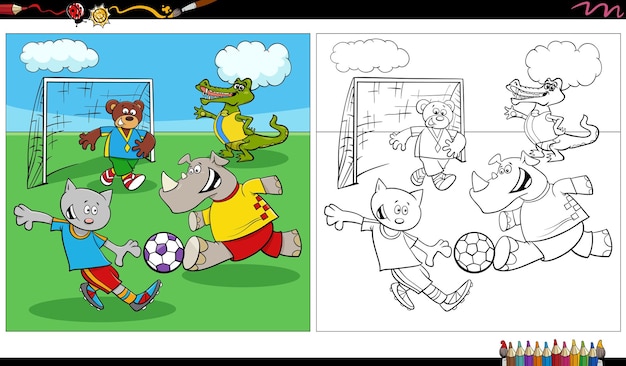 Comic animals group playing soccer coloring page