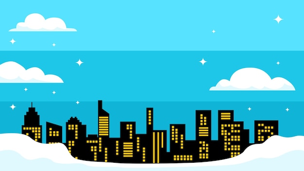 Comic background in the sky with city silhouette