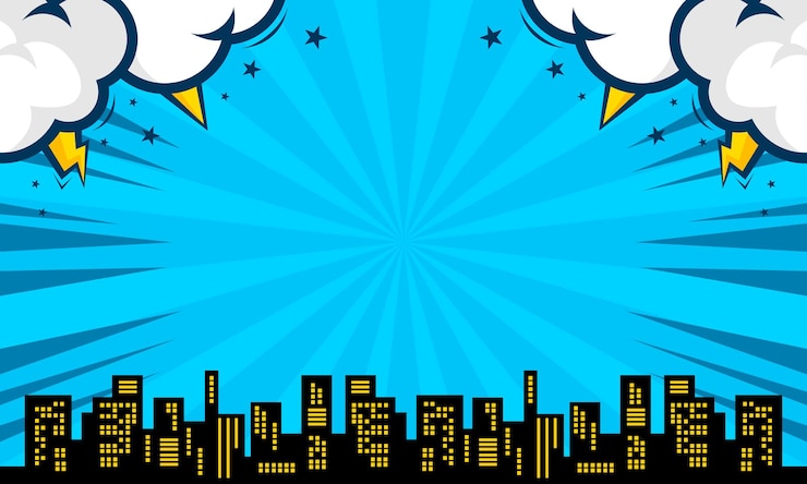 Vector comic blue background with city silhouette and cloud illustration