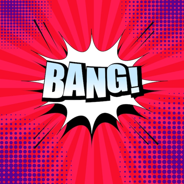 Comic book background with light Bang word, white speech bubble, sound, halftone and radial effects.