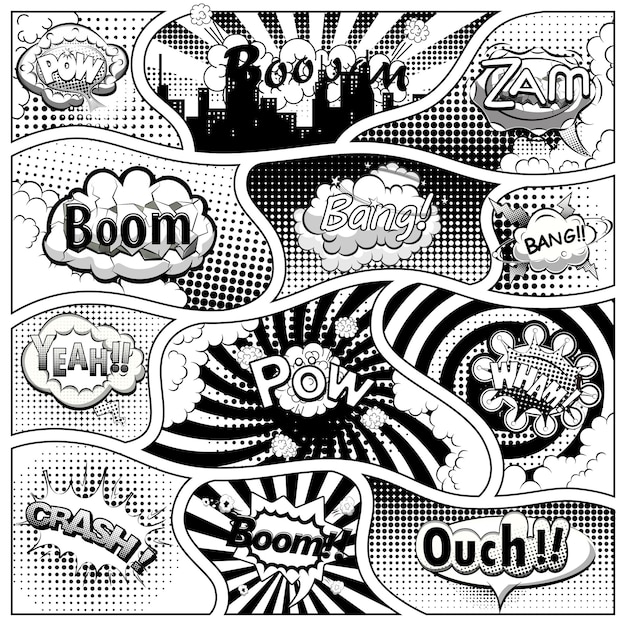 Comic book black and white page template divided by lines with speech bubbles. Vector illustration.