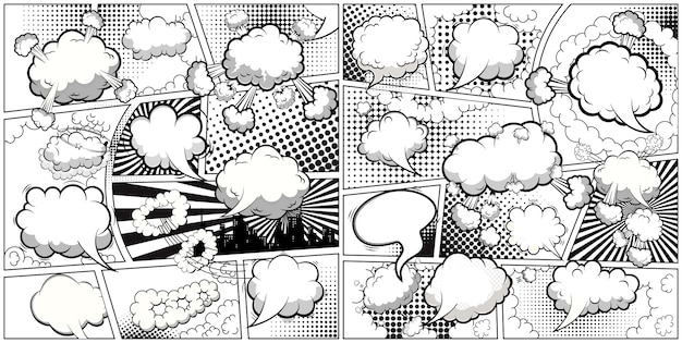 Comic book black and white page template divided by lines with speech bubbles. .