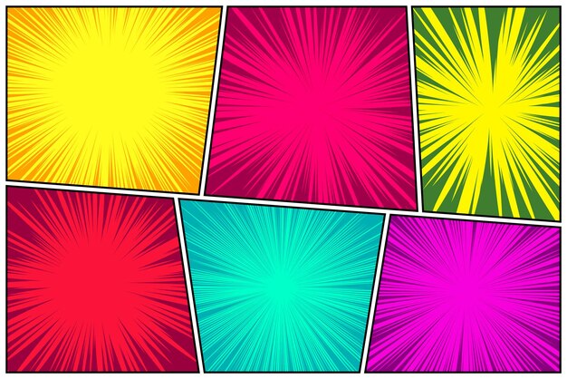 Comic book colorful radial lines collection cartoon comics background with motion speed lines retro pop art style vector illustration