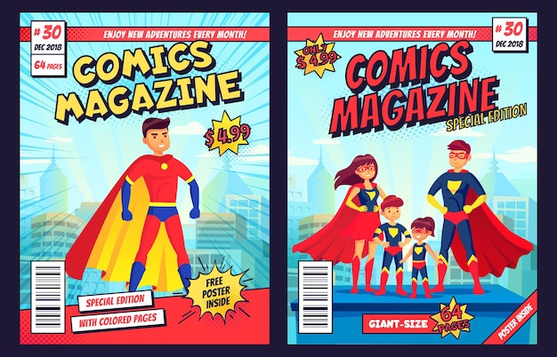 Comic book cover with super hero man and family characters