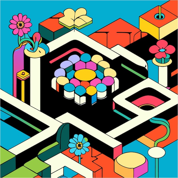 Comic book flower fiesta isometric scene in five distinct colors