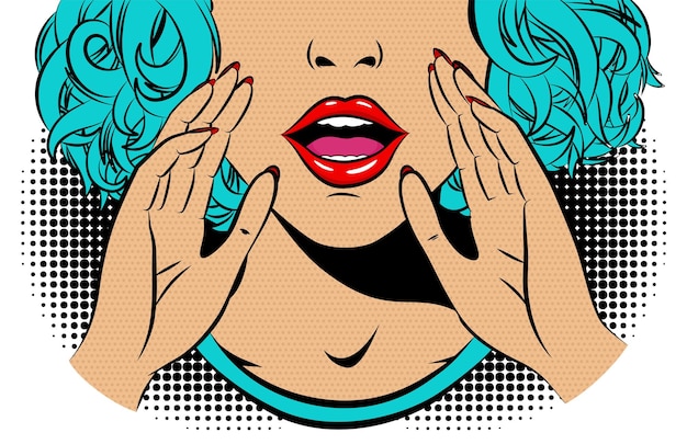 Vector comic book girl in pop art style emotional pretty woman trying to tell or announcing secret message beautiful lady keeping hand near her mouth