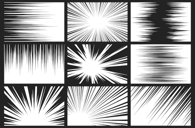 Comic strip radial motion lines set. Anime comics book hero speed or fight  action texture blast rays. Manga cartoon sharp drawing explosions  background collection. Vector eps illustration 8991671 Vector Art at  Vecteezy