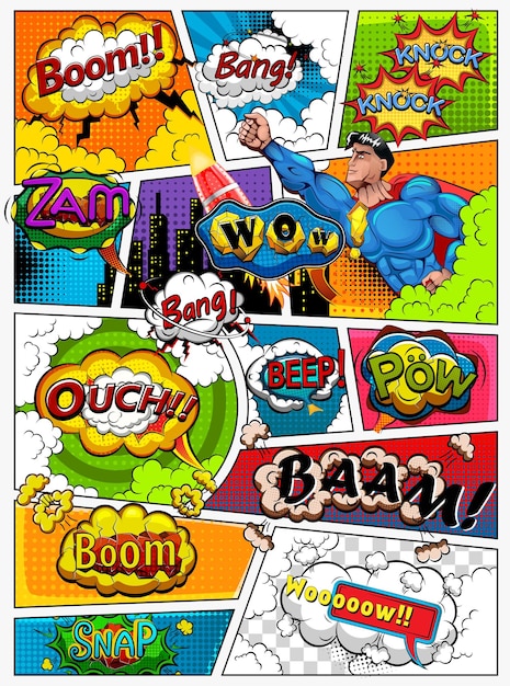 Вектор Страница комиксов, разделенная линиями с речевыми пузырями, ракетным супергероем и звуковым эффектом