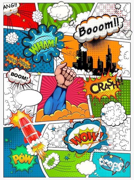 Comic book page divided by lines with speech bubbles rocket superhero and sounds effect Retro bac