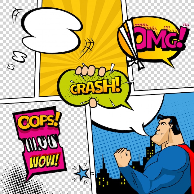 Comic book page divided by lines with speech bubbles, superhero and sounds effect.