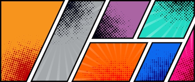 Vector comic book page template of colorful frames divided by lines with rays, radial, halftone, and dotted effects in pop art style.