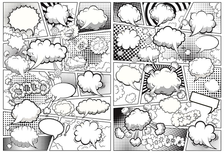 吹き出しが白黒の線で区切られたコミックページテンプレート。ベクトル イラスト。