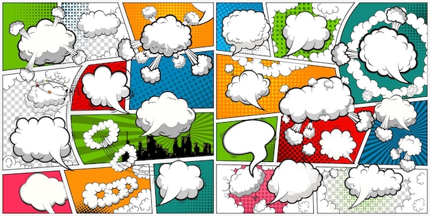 Vettore modello di pagina di fumetti diviso per linee con fumetti. illustrazione vettoriale