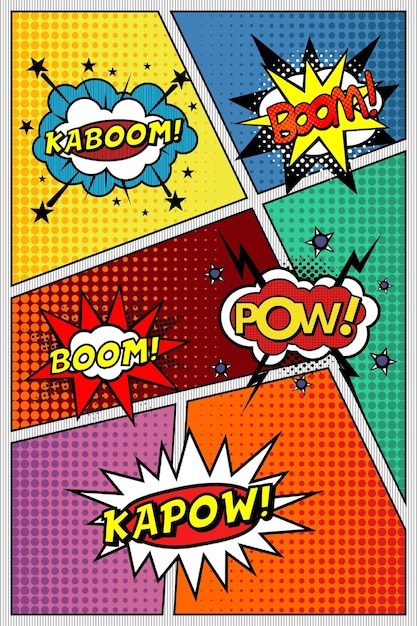 Вектор Шаблон страницы комикса со звуковыми эффектами kapow pow kaboom boom