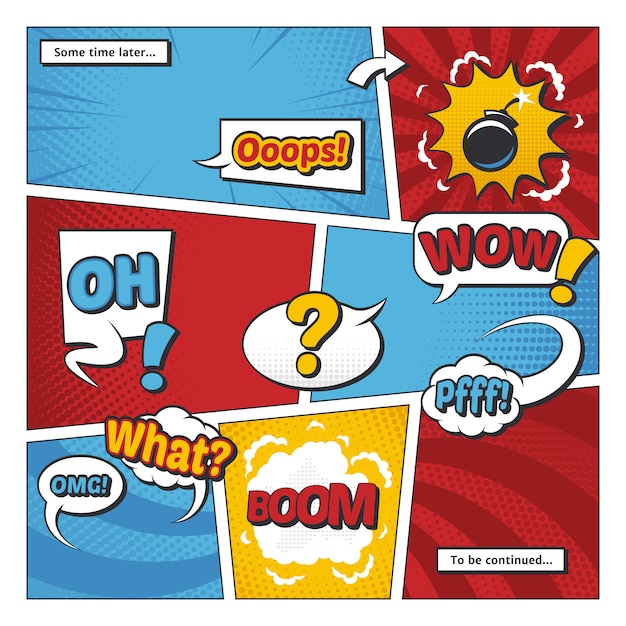 Comic book page vector template with cartoon elements and comic words in bubbles. Cloud cartoon halftone effects illutration