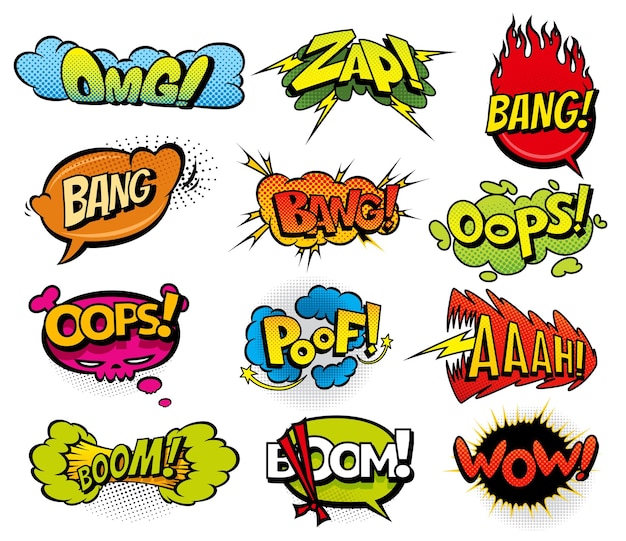 Вектор Звуковой набор комиксов цветные ручные речевые пузыри wow omg boom bang звуковой чат текстовые эффекты в стиле поп-арт