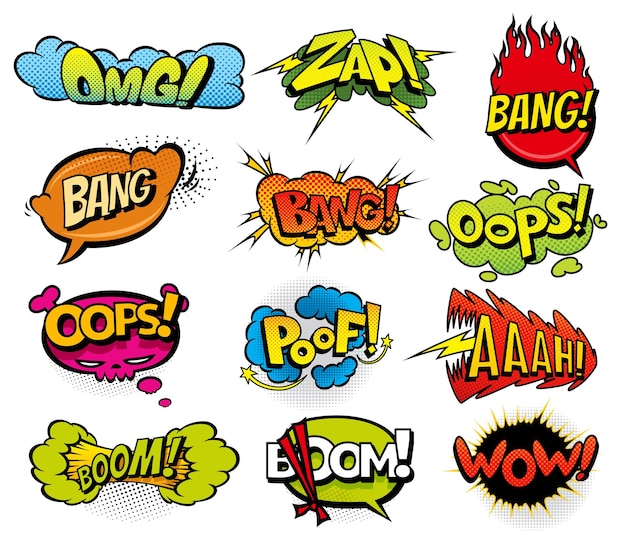 Vector comic book sound set colored hand drawn speech bubbles wow omg boom bang sound chat text effects in pop art style