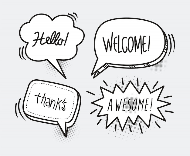 Vector comic book speech bubble cartoon word hello, welcome, thanks, awesome