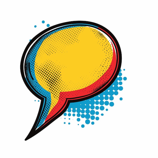 Comic book style speech bubble yellow blue dots halftone background pop art design vibrant