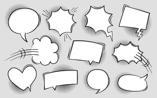 Comic book text speech bubble in pop art style with halftone shadows. talk chat retro speak message. empty white blank comment