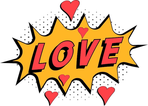 Comic book woord liefde harten pop-art stijl halftone achtergrond
