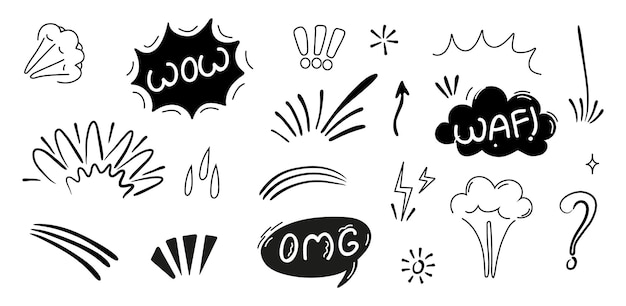 comic boom effects in a continuous line art style includes speech bubbles with pow and