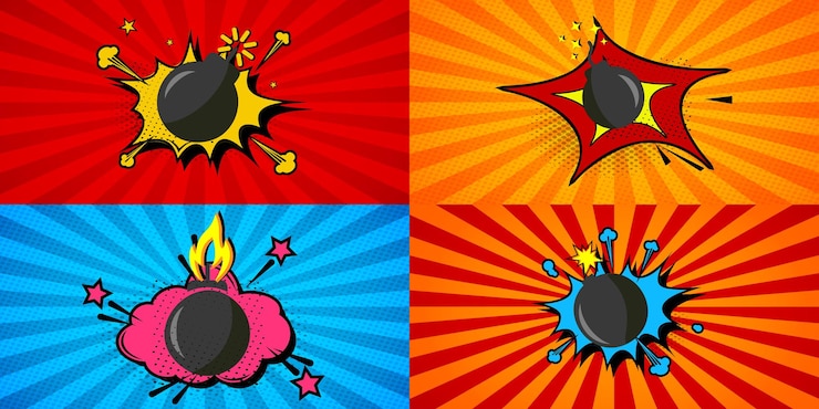 Vector comic boom halftone background with speech bubble cartoon old bomb starting to explode