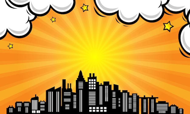 Comic cartoon background with city silhouette and cloud