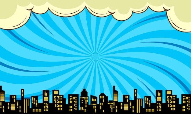 Vector comic cartoon background with cloud and city silhouette