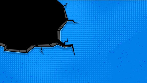 Vector comic cartoon wall with crack hole on blue background