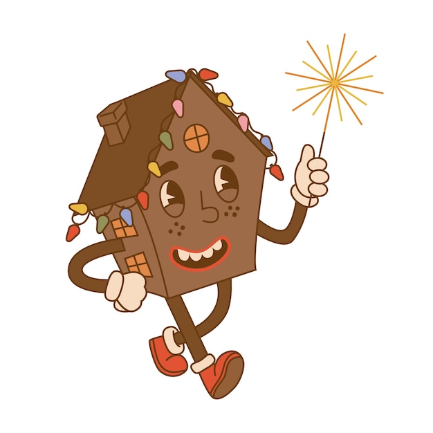 Comic character of a groovy gingerbread house in trendy cartoon style on isolated background