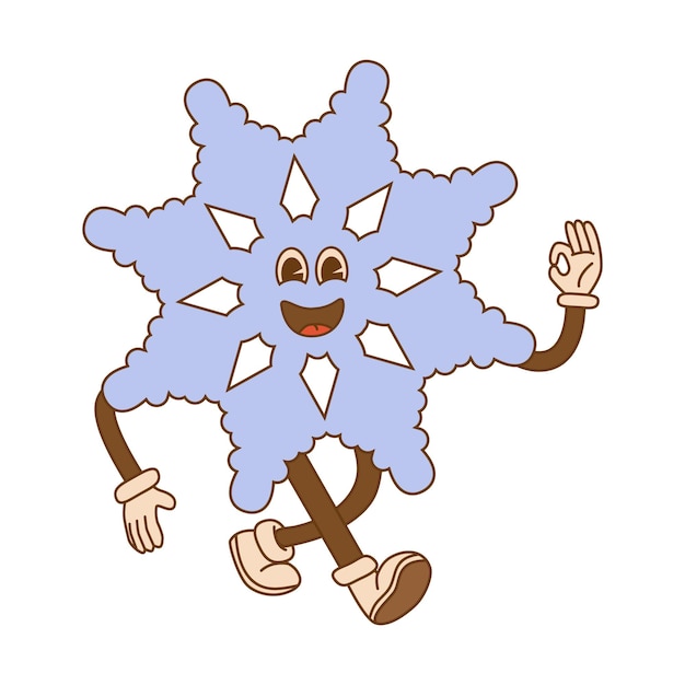 Comic character of a groovy snowflake in trendy cartoon style on isolated background