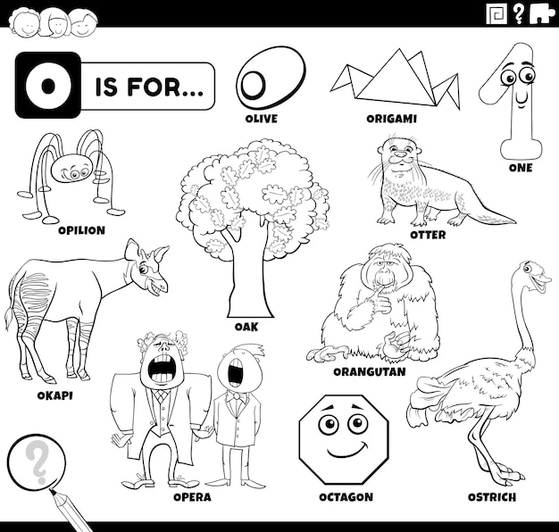 Vector comic characters and objects set for letter o coloring book page