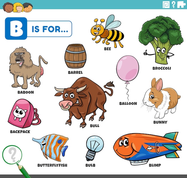 Comic characters and objects starting with letter b educational set